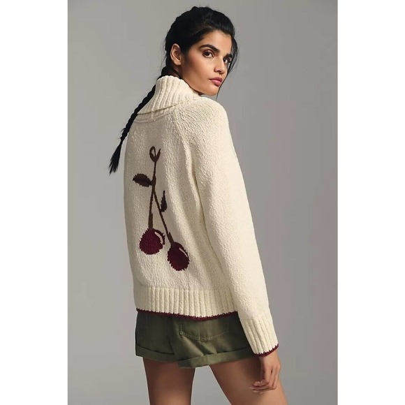 NWT NWT Anthropologie Maeve Cherry Cardigan Sweater Size XS Collar Ivory